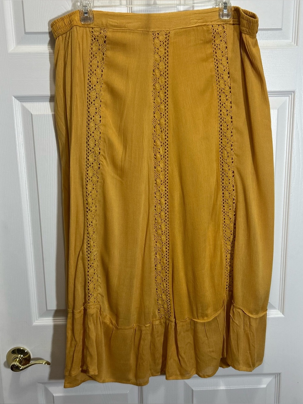 Deja Bleu Maxi Skirt with Lace-Trim in Mustard